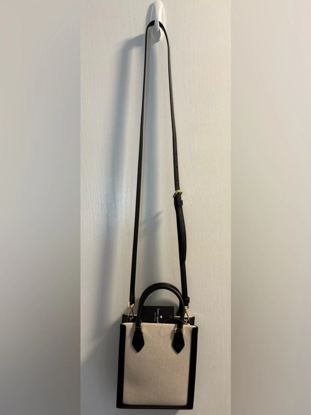NWT Kate Spade Mini Ellie Tote Black Leather with Tan Straw Canvas